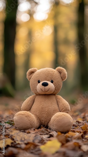 Worn teddy bear sitting alone in a tranquil forest during autumn