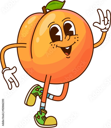 Cartoon funny groovy apricot fruit character with a leaf, waving cheerfully with retro vintage, y2k, hippie vibe. Isolated vector ripe, healthy fruit personage wears shoes and smile, gives off a fun
