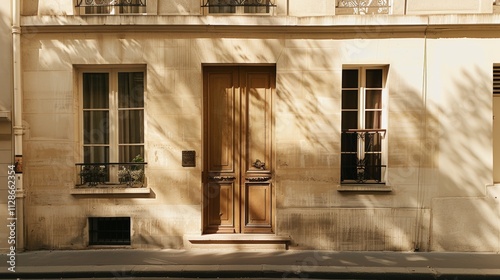 Obraz na płótnie Minimalist Parisian street, modern building front view, wall with windows and doors, sunny afternoon light, peaceful urban scene, no people. w salonie
