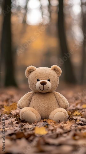 Worn teddy bear sitting alone among autumn leaves in a serene forest setting