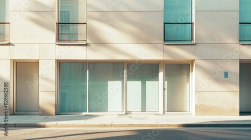 Obraz na płótnie Minimalist Parisian street view, modern building, facing a wall with windows and doors, sunny afternoon light, serene atmosphere, no people. w salonie
