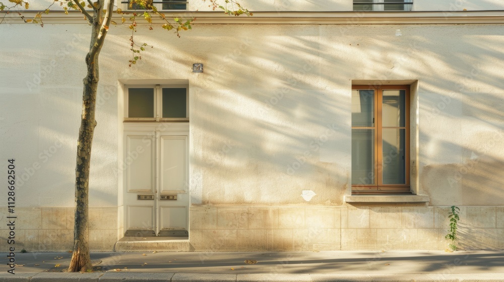 Minimalist Parisian street view, modern building, facing a wall with windows and doors, sunny afternoon light, serene atmosphere, no people.