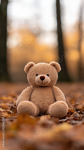 Worn teddy bear sitting alone among autumn leaves in a tranquil forest setting