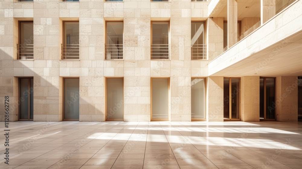 Modern minimalist architecture in Paris, full wall view with windows and doors, sunny afternoon light, peaceful atmosphere, no people around.