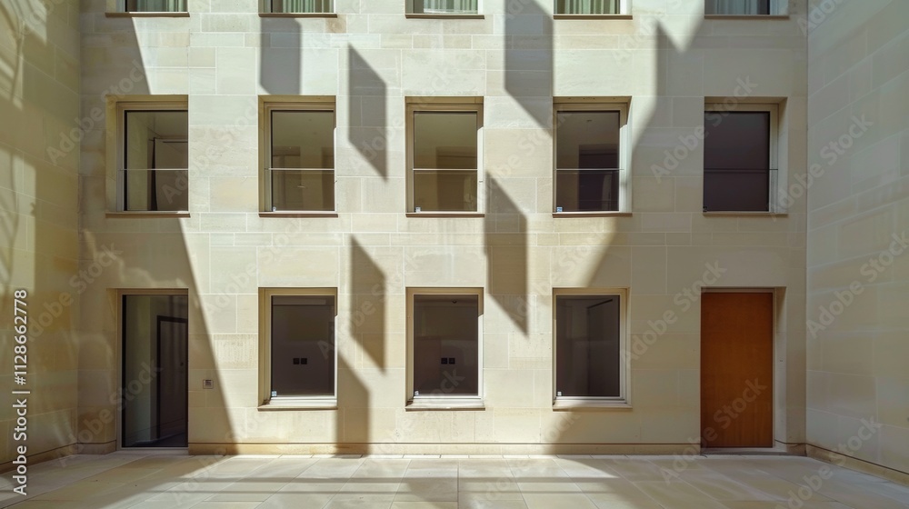 Modern minimalist architecture in Paris, full wall view with windows and doors, sunny afternoon light, peaceful atmosphere, no people around.