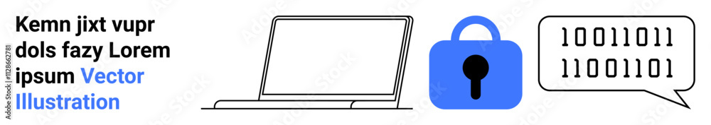 Laptop outline next to blue lock icon and speech bubble containing binary code. Ideal for cybersecurity education, online safety, data protection, tech blogs, IT services, e-learning courses Laptop outline next to blue lock icon and speech bubble containing binary code. Ideal for cybersecurity education, online safety, data protection, tech blogs, IT services, e-learning courses