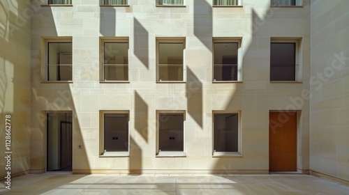 Obraz na płótnie Modern minimalist architecture in Paris, full wall view with windows and doors, sunny afternoon light, peaceful atmosphere, no people around. w salonie