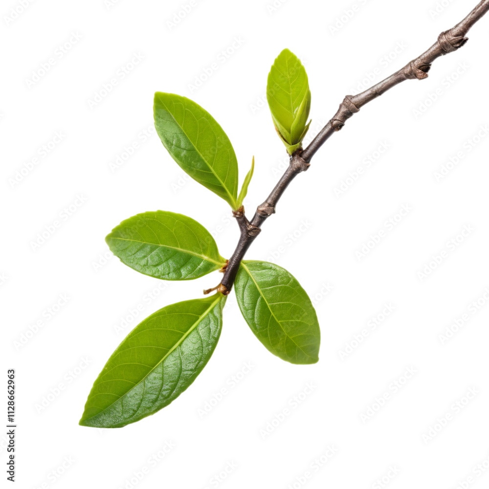 Fototapeta premium Close-up of a budding branch with vibrant green leaves against a white background.