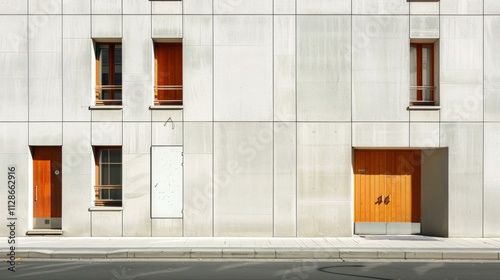 Modern minimalist architecture in Paris, full wall view with windows and doors, sunny afternoon light, peaceful atmosphere, no people around.