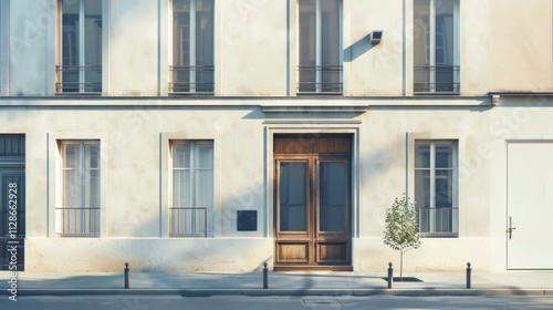 Elegant minimalist Parisian building, wall with windows and doors, sunlit afternoon, serene urban environment, no people visible.
