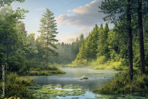 Serene forest landscape with calm water and lush greenery during golden hour