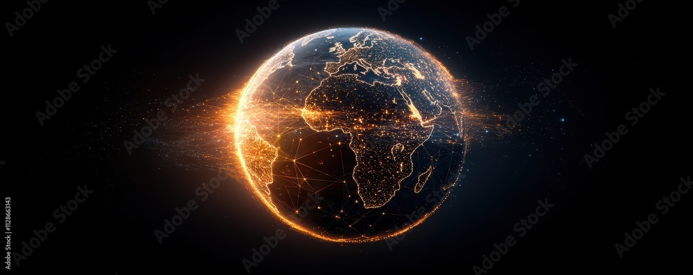 Digital wireframe earth with high-fidelity tech nodes global connectivity future technology scene nighttime viewpoint Digital wireframe earth with high-fidelity tech nodes global connectivity future technology scene nighttime viewpoint