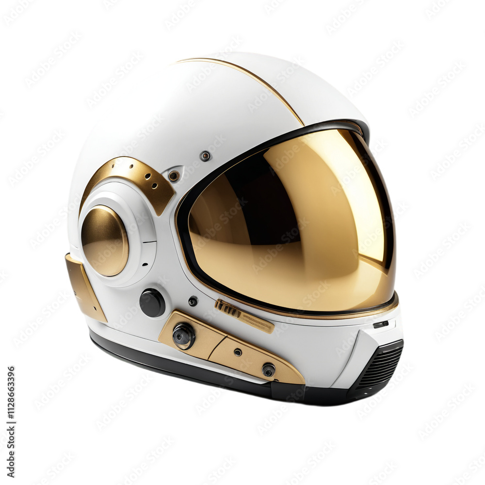 Fototapeta premium Modern astronaut helmet with a sleek design featuring a reflective golden visor against a white background.