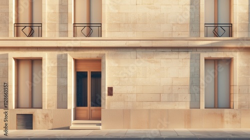 Elegant minimalist Parisian building, wall with windows and doors, sunlit afternoon, serene urban environment, no people visible.