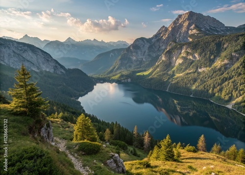 Breathtaking Silhouette of Augstsee and Loser Mountain in Salzkammergut, Austria During Summer with Majestic Peaks Reflected in Tranquil Waters and Lush Green Surroundings photo