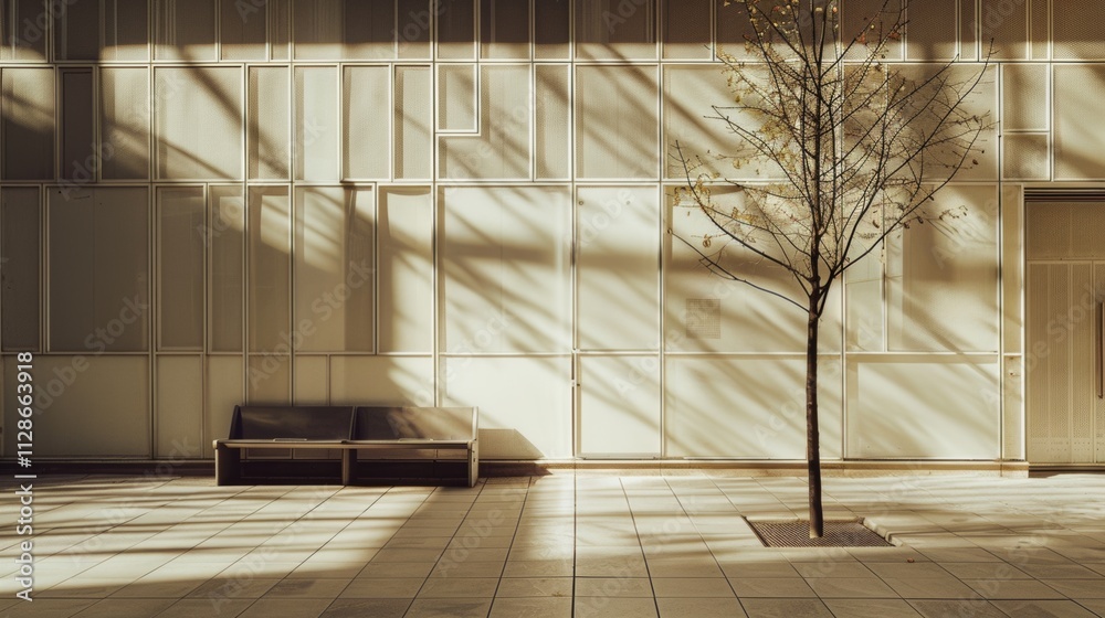 Modern minimalist building in Paris, facing a complete wall with windows and doors, bathed in afternoon sunlight, peaceful and quiet, no people.