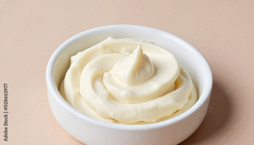 Creamy mayonnaise swirl in a white bowl on a soft peach background, skincare routine Creamy mayonnaise swirl in a white bowl on a soft peach background, skincare routine