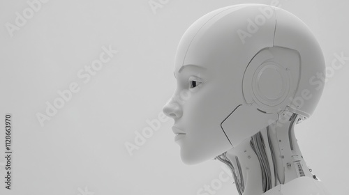 Human-like robot head showcasing advanced design and technology in a minimalist setting