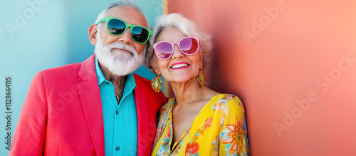 A stylish senior couple smiles against a vibrant colorful wall. The man wears a bright red blazer, green sunglasses. woman has bold earrings, pink sunglasses, copy space