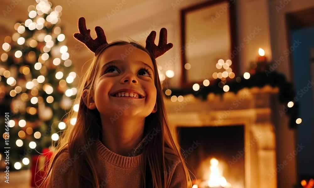 custom made wallpaper toronto digitalMerry Christmas. Little girl smiling near Christmas tree in classical dark interior. Young happy kid wearing deer horns in living room with fireplace Christmas tree gift boxes. Christmas eve at home