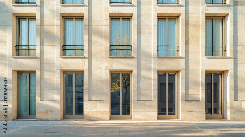 Fototapeta premium Elegant minimalist Parisian building, wall with windows and doors, sunlit afternoon, serene urban environment, no people visible.