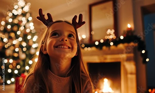 Merry Christmas. Little girl smiling near Christmas tree in classical dark interior. Young happy kid wearing deer horns in living room with fireplace Christmas tree gift boxes. Christmas eve at home