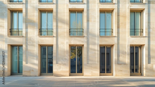 Elegant minimalist Parisian building, wall with windows and doors, sunlit afternoon, serene urban environment, no people visible.