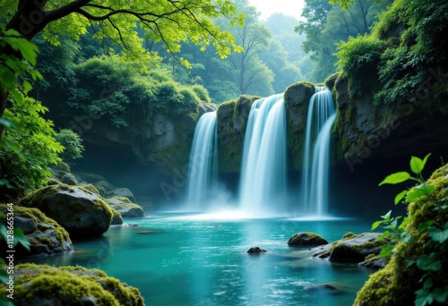 Serene Waterfall in Lush Green Forest 