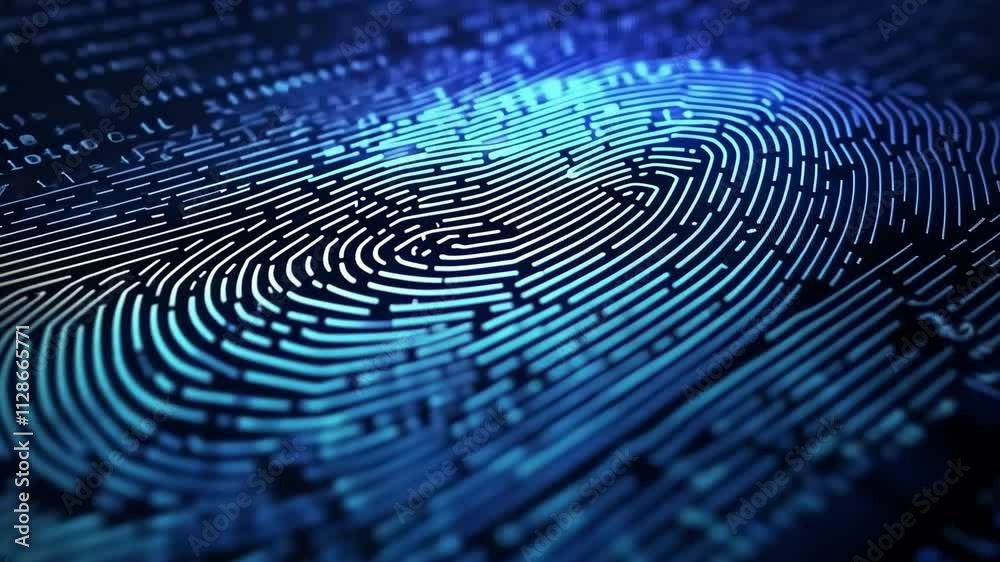 A close-up fingerprint image symbolizing digital security highlighting biometric patterns on a data background with copy space. Panorama