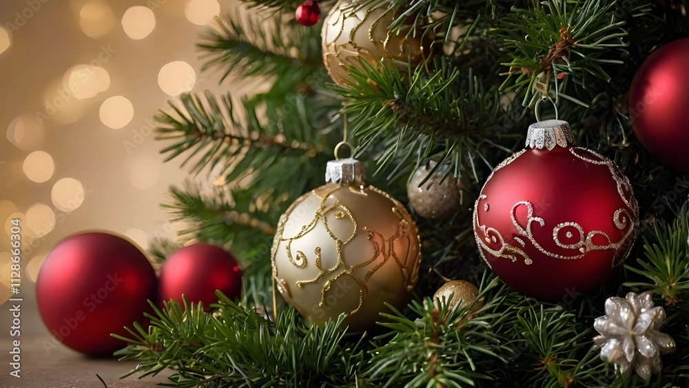 Naklejka premium Christmas decorations with tree branches and baubles frame