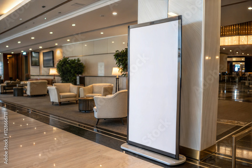 Blank white poster mockup displayed in minimalist hotel lobby with seating area