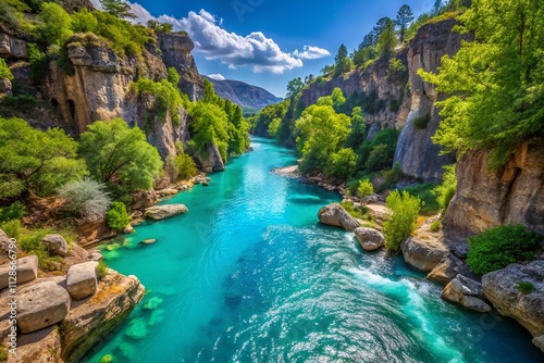 Breathtaking View of Turquoise Waters Flowing Through Taz Canyon Valley, Antalya, Turkey: A Natural Wonder Surrounded by Lush Greenery and Majestic Mountains photo