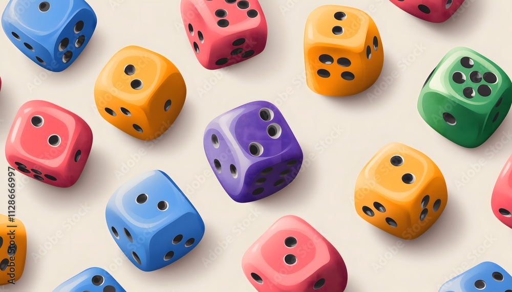 A seamless illustration of colorful dice isolated on a white background A seamless illustration of colorful dice isolated on a white background