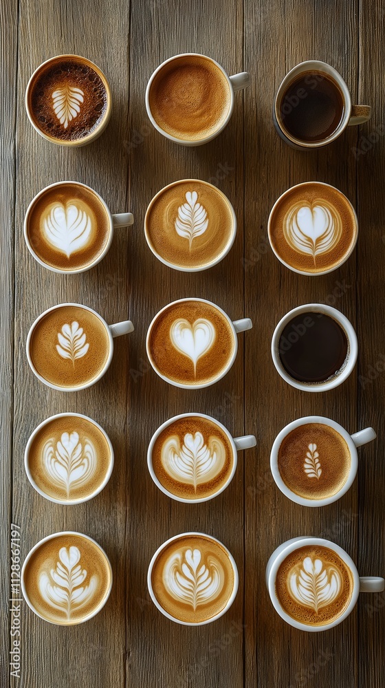 Coffee Drinks Latte Art Cafe Menu Wooden Background Beverages Cups Coffee Drinks Latte Art Cafe Menu Wooden Background Beverages Cups