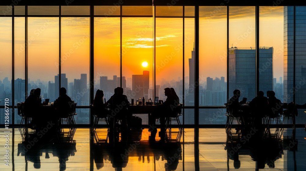 Silhouetted figures dine enjoying a city sunset Silhouetted figures dine enjoying a city sunset