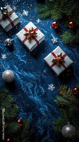 A beautifully arranged scene featuring wrapped Christmas gifts surrounded by festive ornaments and decorations on a shimmering blue background.