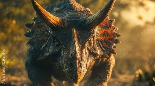 A majestic Triceratops, a herbivorous dinosaur, stands majestically in a sun-dappled forest, its powerful horns and frill catching the golden light.