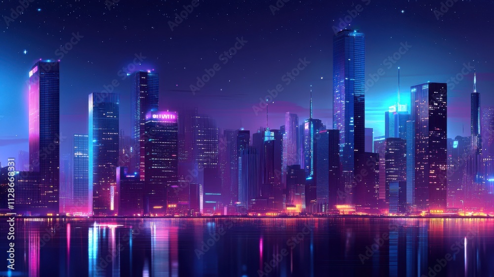 Neon Cityscape at Night: Vibrant Metropolis Reflected in Still Waters Under Starry Sky Neon Cityscape at Night: Vibrant Metropolis Reflected in Still Waters Under Starry Sky
