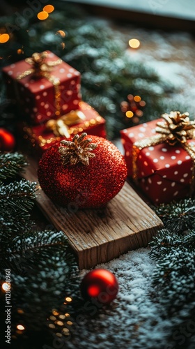 A festive arrangement featuring red and gold Christmas ornaments and gifts, set against a snowy background, conveying a warm holiday spirit.