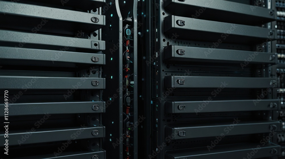 Close-up of server rack with multiple hard drives and connections. Close-up of server rack with multiple hard drives and connections.