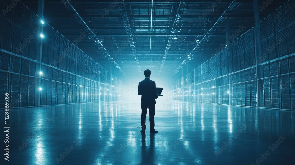 Business professional standing in illuminated warehouse holding laptop during nighttime Business professional standing in illuminated warehouse holding laptop during nighttime