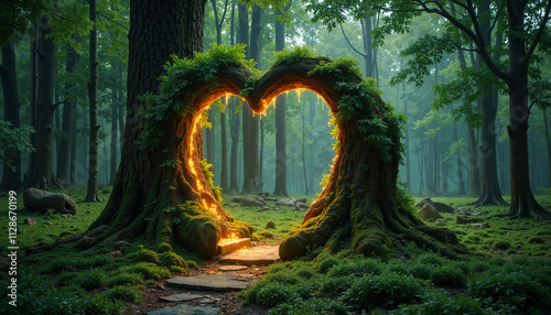 Heart-shaped tree archway illuminated in a lush forest background for February 14 Valentine's Day

