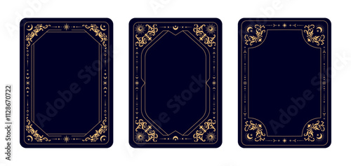 Tarot cards frames with magic esoteric and celestial symbols, vector backgrounds. Tarot cards decks covers design with golden line frame of sun and moon with stars and magic mystic esoteric ornaments