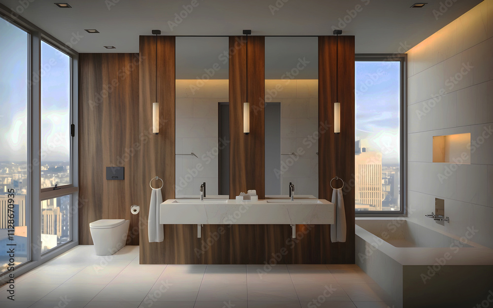 Contemporary bathroom with wood paneling, dual sinks, and mirrors. Minimalist style. City view from large windows. 3D Rendering Contemporary bathroom with wood paneling, dual sinks, and mirrors. Minimalist style. City view from large windows. 3D Rendering