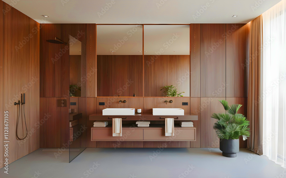 Contemporary bathroom with wood paneling, dual sinks, and mirrors. Minimalist style. City view from large windows. 3D Rendering Contemporary bathroom with wood paneling, dual sinks, and mirrors. Minimalist style. City view from large windows. 3D Rendering