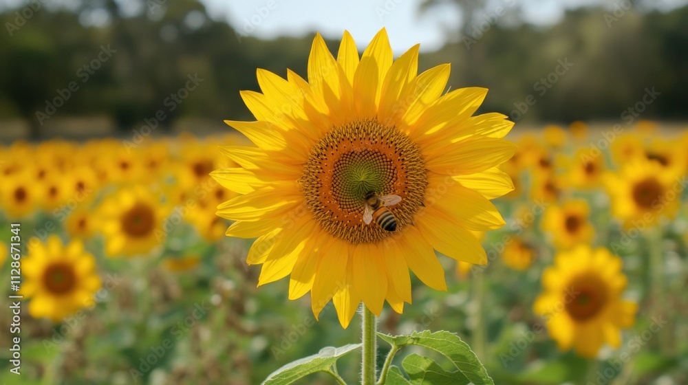 Vibrant Sunflower with Bee in Blooming Field Vibrant Sunflower with Bee in Blooming Field