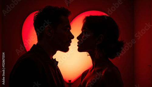 Silhouette of a couple against a glowing heart backdrop for February 14 Valentine's Day