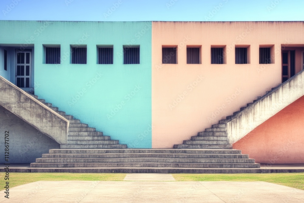 Obraz premium A pastel-toned two-level building features twin staircases on either side, presenting a symmetrical architectural design with a peaceful, balanced aesthetic appeal.