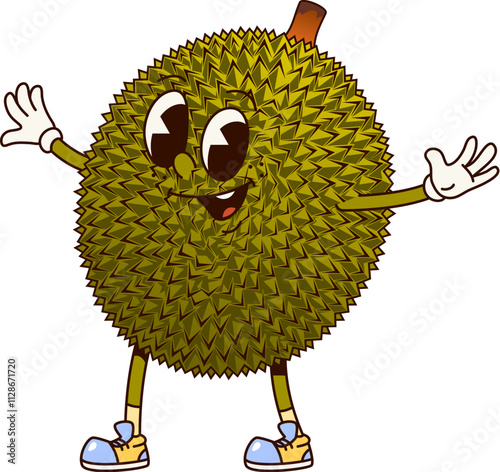 Cartoon groovy durian fruit, funny character with happy smiling face, vector funky comic. Groovy retro cartoon tropical fruit durian with smile and silly expression and good vibe relax gesture