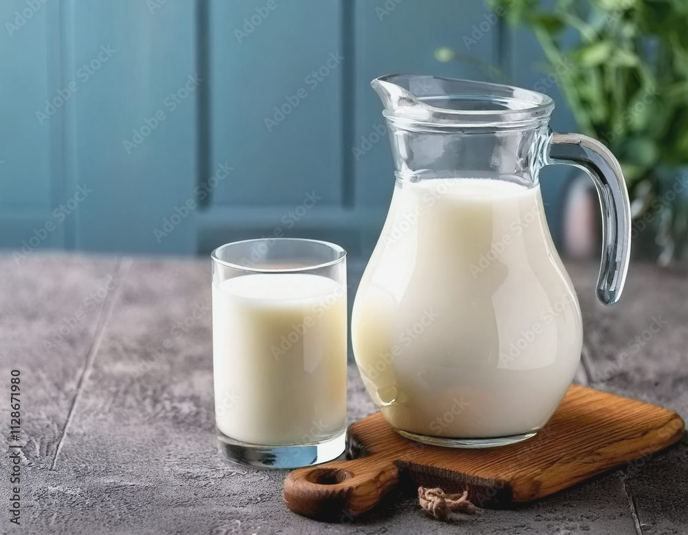 Clear pitcher of milk and tall clear glass of milk. AI Clear pitcher of milk and tall clear glass of milk. AI